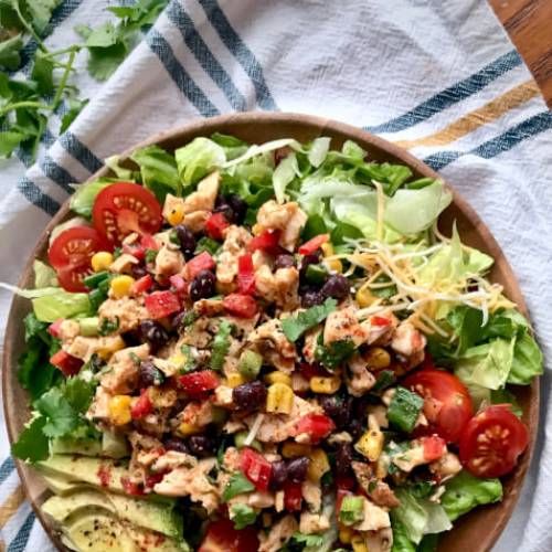 Southwest Chicken Mixed Green Salad with Cilantro Lime Avocado Dressing